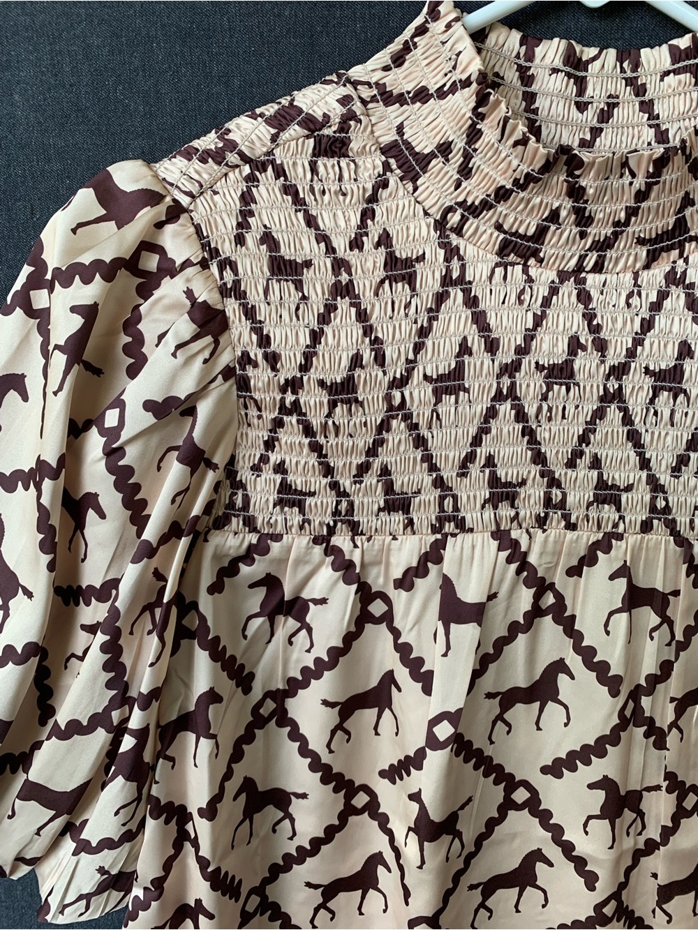 THML Smocked High Neck Horse Print Puff Sleeve Top Cream Brown Women’s Small - Picture 2 of 9
